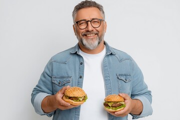 Genuine joy radiates from this silver-haired man, offering two juicy burgers with a warm, inviting smile, perfect for food blogs or advertising. 2