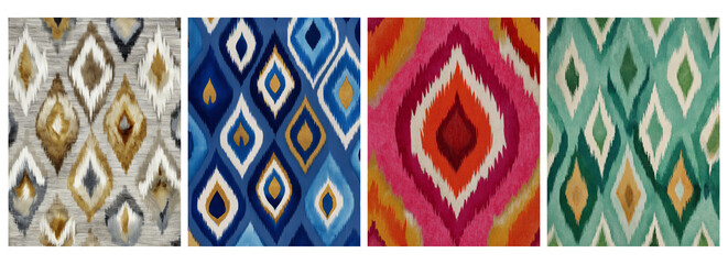 Global artistry unfolds in this quartet of vibrant ikat patterns, evoking warmth, tradition, and a sense of wanderlust, perfect for textile designs.