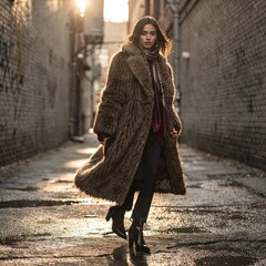 Fashionable Woman in Fur Coat Walking Down a Wet Urban Alley at Sunset