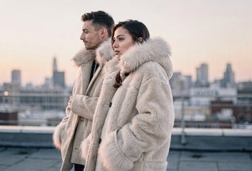 Stylish Couple in Fur Coats on Rooftop at Golden Hour