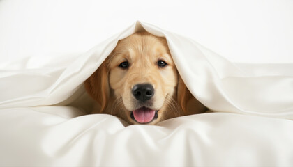 Puppy hiding under white luxury linens or blanket. Playful dog peeking out from bed sheets with happy expression.