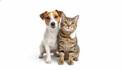 Cute pet friendship and togetherness concept with dog embracing cat.