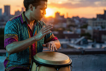 Musician Playing Conga Drum on Rooftop at Golden Hour with Glitter Hands