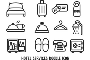 Hotel services doodle icons: bed, luggage, bell, hanger, shower, safe.