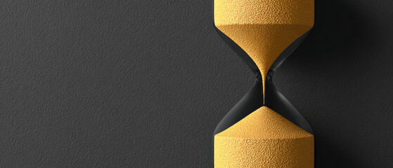 A close-up of an hourglass with golden sand flowing from the top to bottom, against a dark grey background. The texture and lighting give it a realistic appearance.