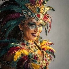 Smiling Woman in Elaborate Jeweled and Feathered Carnival Costume