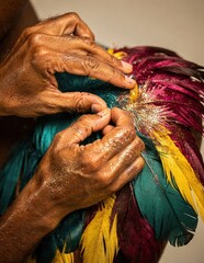Hands Adorning a Colorful Feather Carnival Costume with Glitter