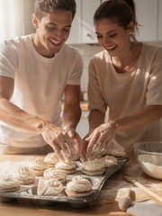 Happy Couple Baking Cupcakes Together in a Sunny Kitchen