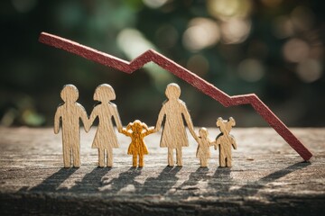 Family figures made of wood stand together with a downward trend line behind them. The scene suggests a message about economic challenges and family wellbeing