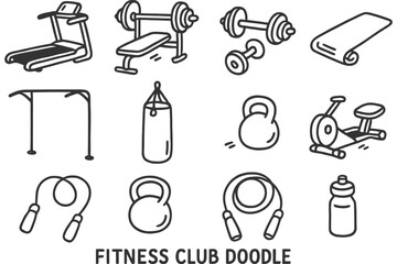Fitness club doodle: gym equipment icons including treadmill, dumbbells, kettlebells, and jump rope.