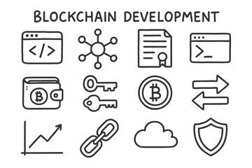 Blockchain development icons: wallet, keys, network, code, security, cloud.