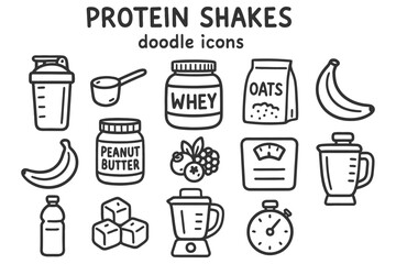 Doodle icons of protein shakes and ingredients with blender and timer.