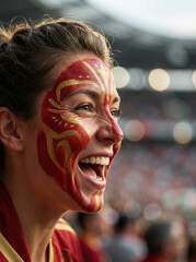 Excited Female Sports Fan with Face Paint Cheering at Stadium