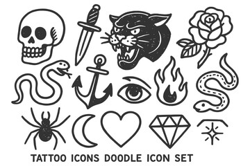 Tattoo icons doodle set: skull, panther, snake, rose, anchor, heart, diamond.