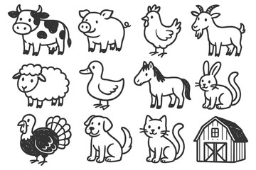 Obraz premium Cute farm animals illustrations featuring cow, pig, chicken, goat, sheep, duck, horse, rabbit, turkey, dog, cat, barn.