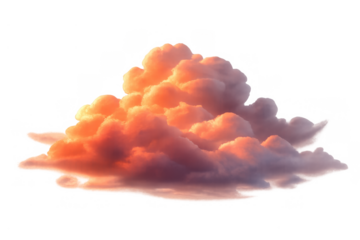 Voluminous cumulus cloud catching warm orange and pink light during sunset with transparent background