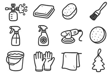 Fototapeta premium Hand-drawn car cleaning tools: sprayers, brushes, gloves & more.