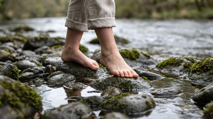 Women engage in connection with nature through mindful foot steps in water and rocks for wellness and self care
