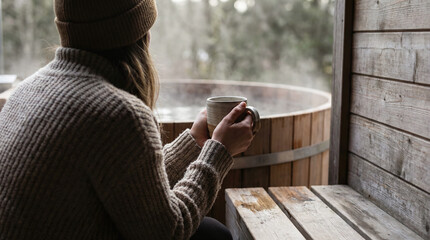 Women enjoy warm drink and time for self-care while relaxing in wooden sauna at nature retreat