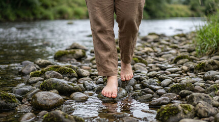 Women walk barefoot on stones by a river while connecting with nature during a wellness retreat focused on self-care and balance