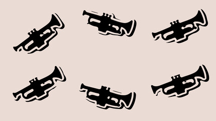 Vector template featuring a set of trumpet-shaped stickers designed in a modern flat design style, with bold lines, minimal shading, and a vibrant color