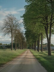 Obraz premium Long empty dirt road stretching towards horizon flanked by lush green trees on one side and bare branches on other