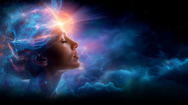 Faceless male portrait illuminated by vibrant blue, pink, and orange energy patterns, consciousness and technology fusion, cosmic cloudy background with subtle stars, soft focus gl