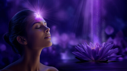 Faceless spiritual woman with glowing purple lotus at the forehead, crown chakra awakening, violet stream of consciousness connecting upward, monochrome purple background, soft def