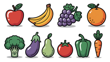 Colorful cartoon fruits and vegetables illustrations