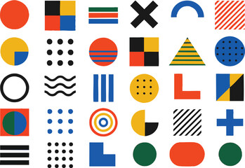 Obraz premium Set of Bold Bauhaus Geometric Shapes featuring Vibrant Primary Color Patterns, Abstract Minimalist Icons and Creative Retro Design Elements