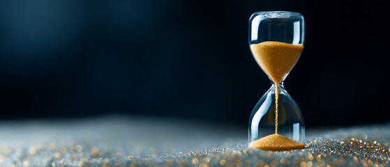 A sand timer is shown with golden sands flowing down from the top to bottom of a glass hourglass on glittering gold and silver particles
