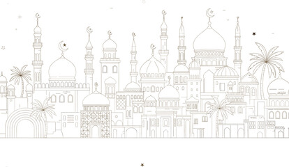 Detailed Islamic City Skyline Illustration Featuring Multiple Mosques Minarets Domes and Palm Trees in a Clean Line Art Style