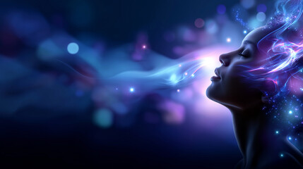 Fototapeta premium Abstract human form dissolving into blue and purple gradients, glowing consciousness streams symbolizing meditation, dreams, and transcendence, defocused atmosphere, with copy spac