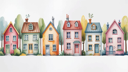 colorful houses in a row with trees and bushes