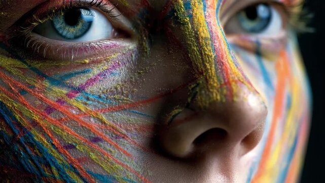 a womans face with vibrant lines of multiple colors painted on her skin A labyrinth of lines and colors reflecting the complexity of human thoughts