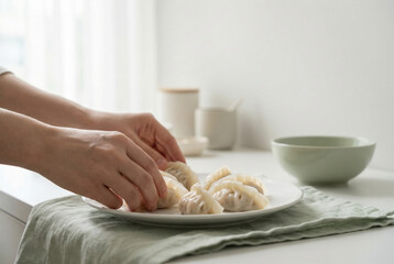 Hands Arranging Freshly Cooked Dumplings on a White Plate