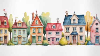 colorful houses with trees and bushes on a white background