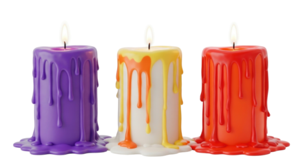 Three dripping candles purple yellow and red with flames 3d transparent background cutout png
