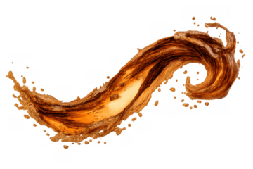 Coffee splash or brown beverage flow creating a dynamic wave with drops, transparent background