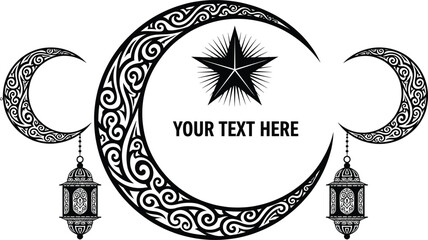 Islamic Decorative Crescent Moon and Hanging Lanterns Set Featuring Intricate Floral Patterns and Star for Ramadan Kareem and Eid Mubarak Celebrations