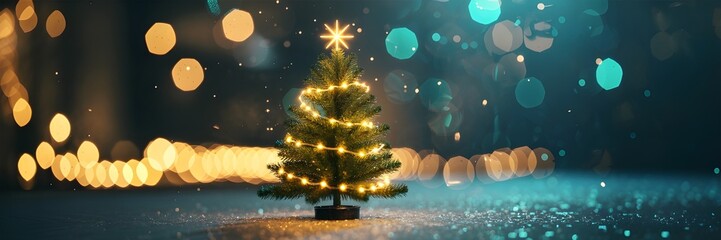 A blurry christmas tree with yellow lights on a dark background with colorful lights