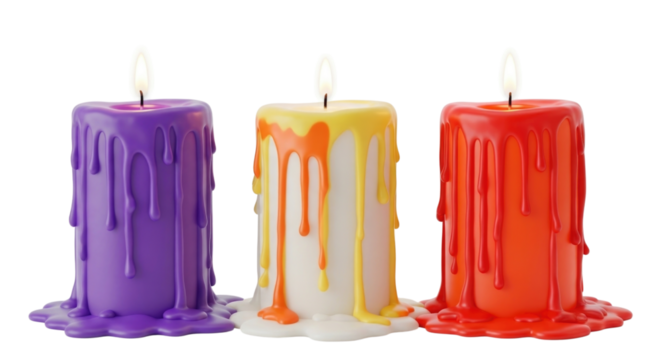Three dripping candles purple yellow and red with flames 3d transparent background cutout png - Powered by Adobe