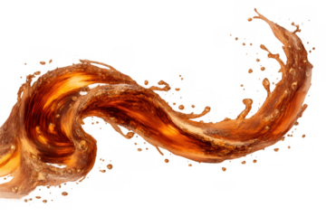 Dynamic coffee splash creating an abstract swirling shape with liquid droplets and refreshing movement on a transparent background