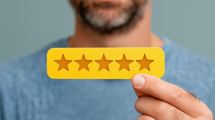 Close-up of a hand holding a bright yellow star rating, radiating success, positive feedback, and appreciation, perfect for illustrating reviews, quality, and achievement.