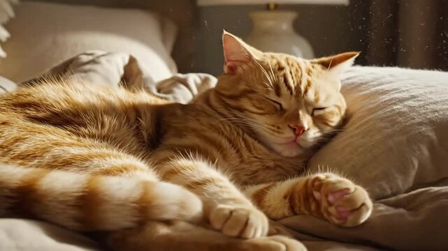 Adorable Ginger Cat Napping Peacefully In Bed Bathed In Sunlight, a Serene Moment of Relaxation