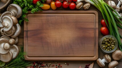A wooden cutting board surrounded by fresh vegetables and mushrooms