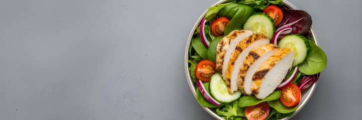 Grilled chicken breast on a colorful mixed vegetable salad