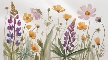 colorful wildflowers and leaves on white background