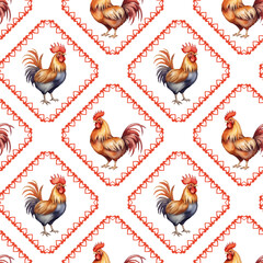 Seamless repeating pattern of watercolor rooster inside decorative red diamond-shaped frames, rustic and folk style, warm natural colors, pure white background, for textile, wallpaper, wrapping paper 