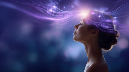 Faceless female silhouette connected to the cosmos, purple stream of consciousness rising from the crown chakra, minimal abstract background, soft gradients, defocused atmosphere, 